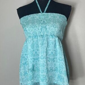 blue flowy fairycore halter top with beaded details